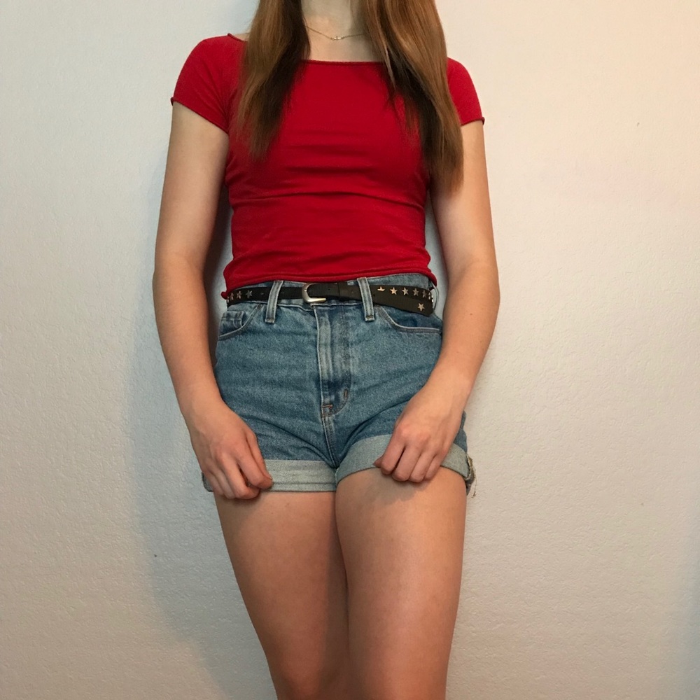 Red off the shoulder fitted short sleeve top